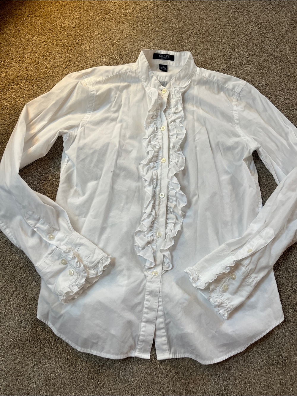 Chaps White Button Down szS 💯% Cotton Signature Button Ruffle Placket, Cuffs EUC